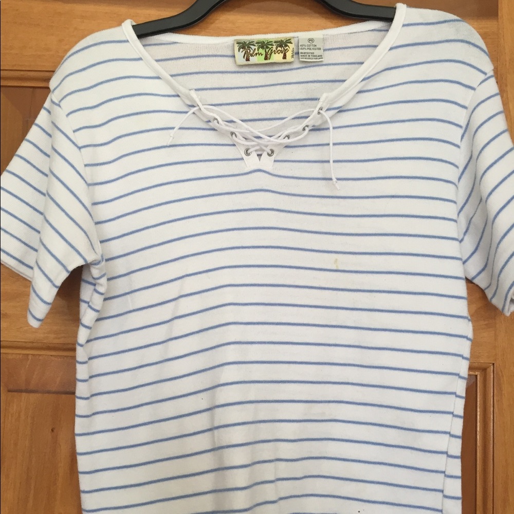 Blue and white striped lace up short sleeve top